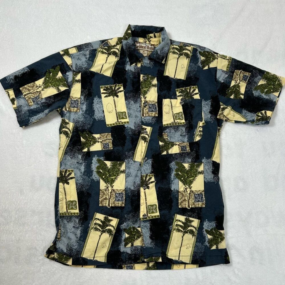 Hawaiian Button Up Shirt Medium Blue Green Tropical Short Sleeve Men’s